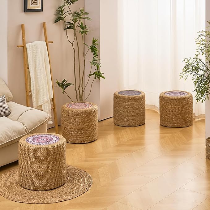 Wimarsbon Round Pouf Ottomans, Handwoven Natural Water Hyacinth Seagrass Pouffe,Outdoor Rattan Stool Accent Seat, Bohemian Coastal Home Decor (18inch Natural Cattail-Boho 4) Wimarsbon