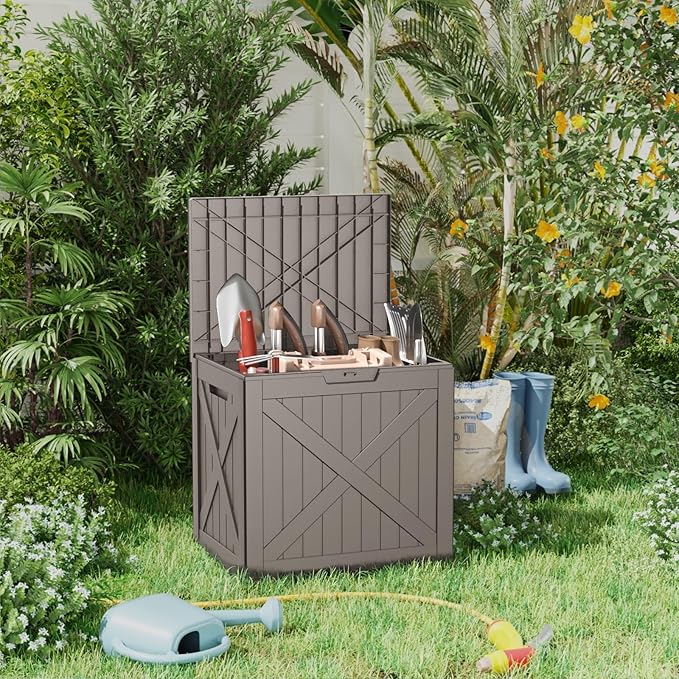 38 Gallon Outdoor Deck Box, Lockable Waterproof Outdoor Storage Boxes For Garden Tools,Indoor Cushions,Accessories Outside Storage Resin Weatherproof Container(Grey) MAIUSCOLI