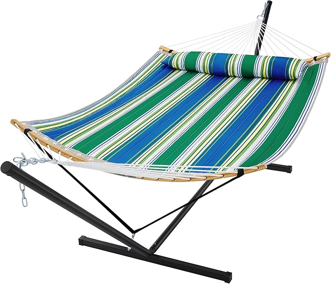 SUPERJARE Curved-Bar Hammock with Stand, 2 Person Heavy Duty Hammock Frame, Detachable Pillow & Portable Carrying Bag, Perfect for Outdoor & Indoor, Green Bold Stripe SUPERJARE