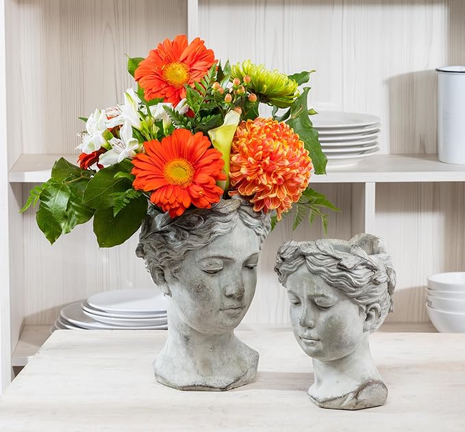 Abbott Collection Goddess Head Planter – Small Cement Indoor and Outdoor Planter Pot – Grecian Woman Statue Head Planter for Flowers and Succulents (Grey, 8.5" Tall, 3.5" Opening) AbbottCollection