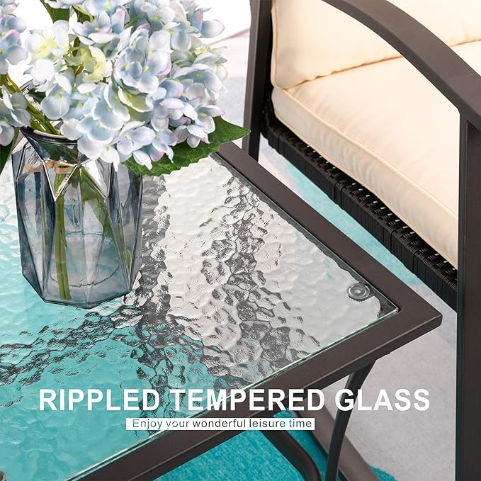 Vongrasig 3 Piece Outdoor Rocking Chair Set, PE Wicker Rattan Small Bistro Set, Front Porch Furniture Rocking Chairs Set of 2, Cushioned Patio Rocker Chair Set with Glass Table (Beige) Vongrasig