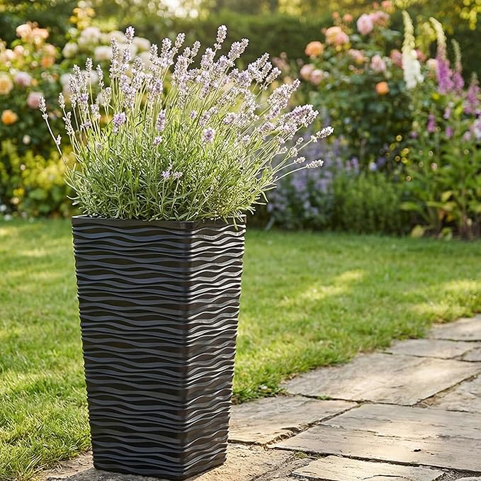 Worth Garden 2-Pack Black Tall Planter - Plastic Square Tapered Tree Plant Pots with Drainage Hole for Indoor Outdoor - 22" H Modern Wavy Finish Decorative Flower Pots for Front Porch Patio Deck WORTH