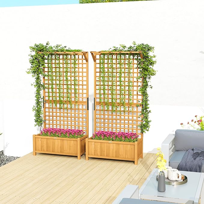 Outsunny Wood Planter with Trellis, Raised Garden Bed for Climbing Plants with Drainage Holes and Roof, 35.5 x 17.75 x 72 Inch, Pack of 2, Yellow Outsunny