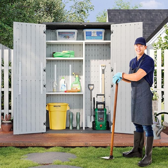 Aoxun Outdoor Resin Storage Shed with Metal Shelving Kit & Floor, 64 Cu.Ft Vertical Waterproof Storage Cabinet for Garage, Pool, Bike, Garden Tools, Patio Furniture (White) Aoxun