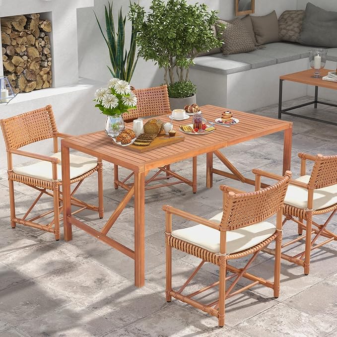 Tangkula 55" Acacia Wood Outdoor Dining Table for 4-6 Person, Rectangular Patio Dining Table with 2" Umbrella Hole and Support Bars, Indoor Outdoor Dining Furniture for Deck, Garden, Poolside & Yard TANGKULA