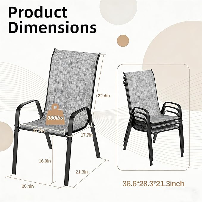 MAMIZO Patio Dining Chairs, Stackable All Weather Teslin Chair, Heavy Duty Outdoor Breathable Chairs Set, w/Armrests, Upgraded Chair FeetW/Strenthened Iron Spacers, 330 LBS (8, Grey) MAMIZO