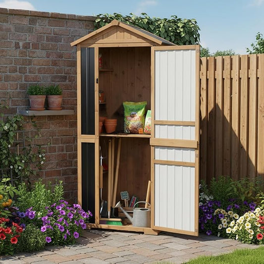 Large Outdoor Storage Cabinet with 4 Shelves, Wood Outdoor Storage Shed with Weatherproof Roof, Lockable Doors, Tall Outdoor Patio Cabinets for Garden Tool and Accessories, Brown MAGAZOOPET