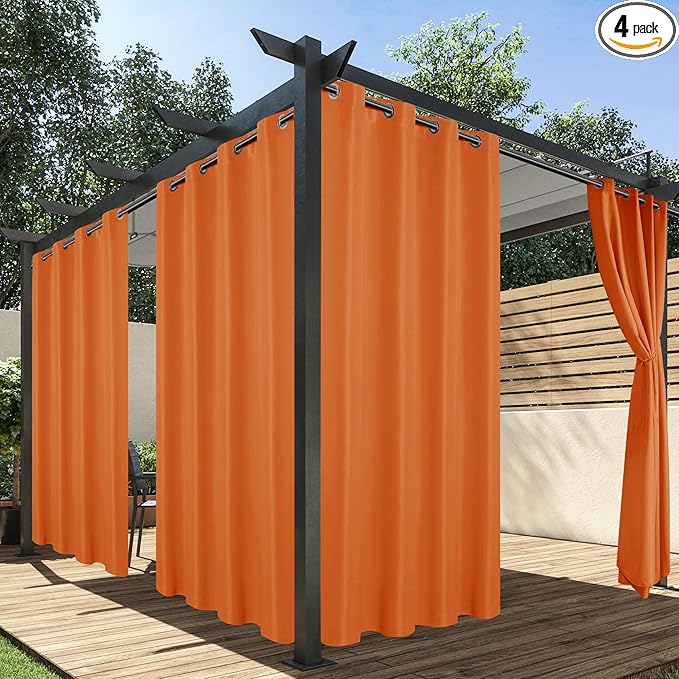 HolidayIdeas Outdoor Curtains for Patio Waterproof, 4 Panels - 54 x 108 Inch - Privacy Protection & Light Filtering Curtains Grommet Outside Curtains for Porch, Backyard (Mecca Orange) HolidayIdeas