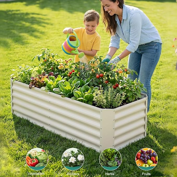 Galvanized Raised Garden Bed - 6x2x1.4ft Metal Garden Planter Box Outdoor | Steel Raised Bed Kit with Bracing Rods, Gloves for Gardening Vegetables Fruits and Flowers (White) BIRDSINYARD