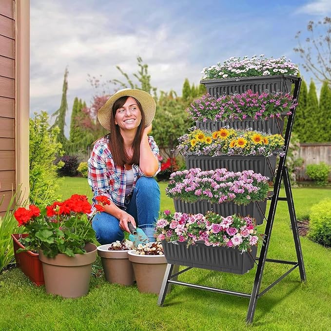 SEJOV 2 Pack Vertical Raised Garden Bed, 5 Tiers Elevated Planter Box for Herbs Vegetables Flowers, Graden Vertical Planter with Drainage System for Patio Balcony Garden Outdoor Indoor Plants, Black SEJOV