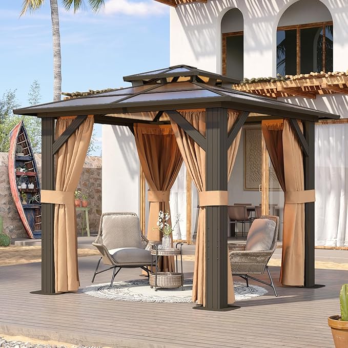 Aoxun 8'x8' Hardtop Gazebo, Aluminum Frame Permanent Pavilion with Curtains and Netting, Outdoor Polycarbonate Double Roof Canopy, Designed for Garden, Lawns, Patio, Brown Aoxun