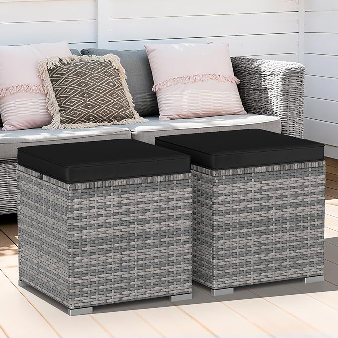 Tangkula 2 Pieces Patio Ottomans, Patiojoy Hand-Woven PE Rattan Side Table with Removable Cushion & Hidden Storage Space, Multifunctional Storage Box, Seat for Patio, Backyard, Poolside (Black&Grey) TANGKULA