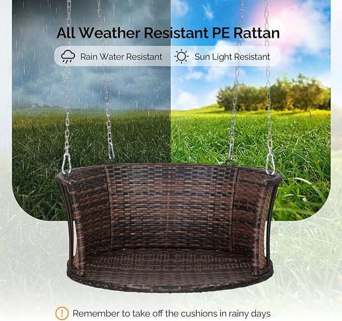 VINGLI 2.4 FT 1-Person Use Round Rattan Porch Swing Outdoor Support 440 LBS with Cushions & Adjustable Chains, Patio Wicker Swing Bench Chair for Garden, Yard, Lawn, Tree, Brown VINGLI