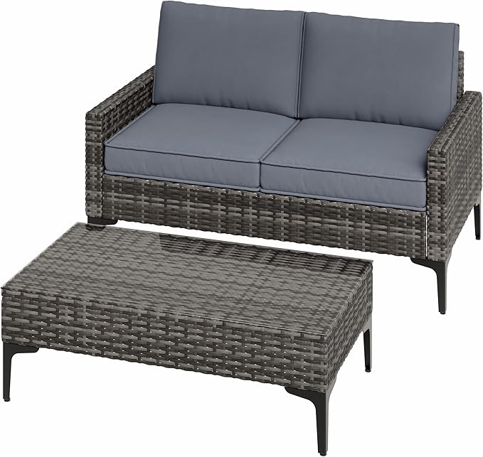 Jing's Villa 2-Piece Outdoor Sectional Set, All-Weather Wicker Patio Furniture with Loveseat & Tempered Glass Table, Comfortable Garden Conversation Set for Backyard, Poolside, Deck,Grey JingsVillaOutdoorFurniture