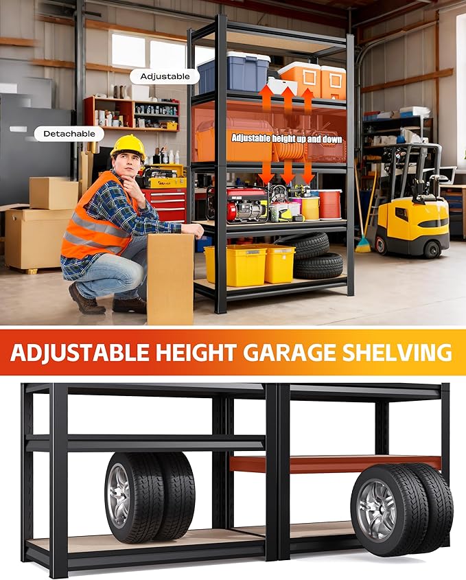 AOAORRG Set of 5 Garage Shelving Heavy Duty Storage Shelves, Metal Adjustable Shelving Unit, Utility Garage Organizer Shelf for Basement, Pantry, Kitchen, Warehouse, 45.6" Wx17.7 Dx71.2 H, Black Rootora