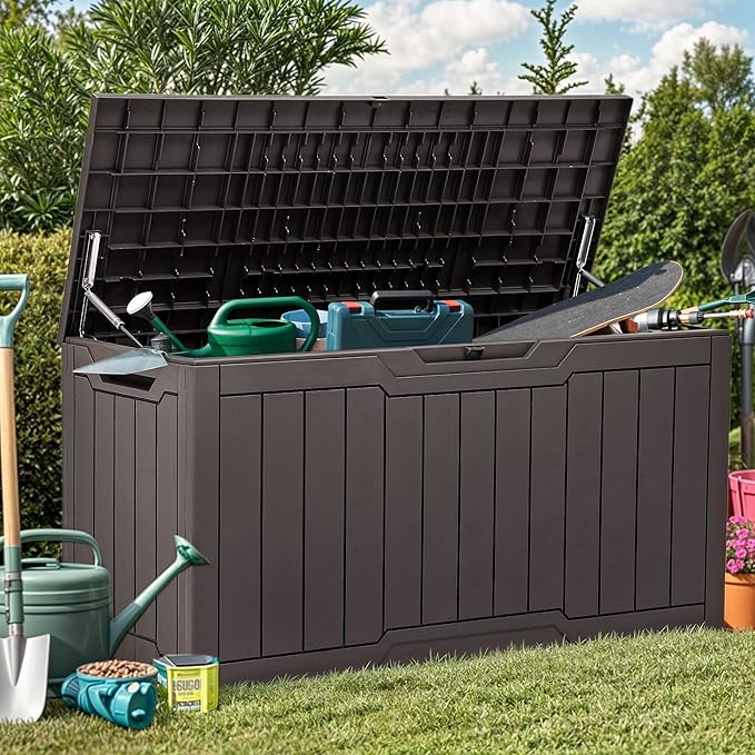 YITAHOME 80 Gallon Outdoor Storage Box, Large Water Resistant Resin Deck Box, Indoor Outdoor Lockable Storage Container for Patio, Garden, Cushions, Tools, Equipment (Dark Brown) YITAHOME