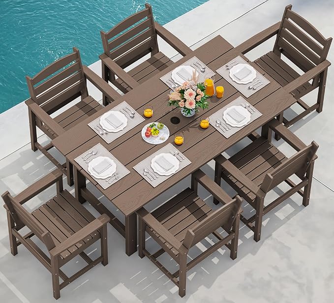 SERWALL 7-Piece Patio Dining Table Sets, Outdoor HDPE Dining Furniture Set with Umbrella Hole Cut-Out Table and 6 Chairs, All Weather Dining Set for Lawn, Garden, Backyard, Poolside, Coffee SERWALL