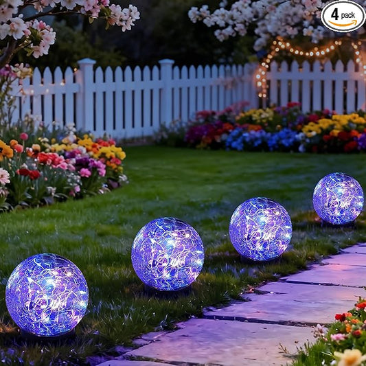 Solar Garden Lights Outdoor Waterproof, 4 Pack 30 LEDs Cracked Glass Ball Light, Ground Landscape Garden Decor, Solar Globe Decorative for Pathway/Patio/Lawn/Yard (Multicolor, 3.9") SyouHome