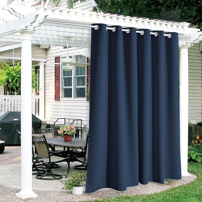 RYB HOME Outdoor Curtains for Patio Waterproof Block Sunlight Thermal Insulated Privacy Assured Thick Outside Curtains for Porch, Gazebo, Pergola, W84" x L95", Navy Blue, 1 Panel RYBHOME