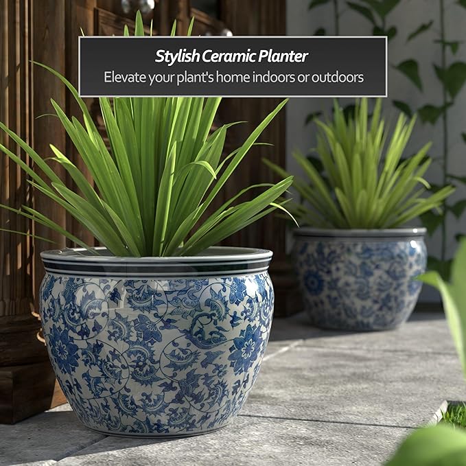 Red Lantern Large 18" Porcelain Fishbowl Blue & White Floral Planter or Cachepot for Indoor/Outdoor Use in Garden Entryway Living Room Boho Eclectic Modern Contemporary Classic Traditional Style Decor RedLantern