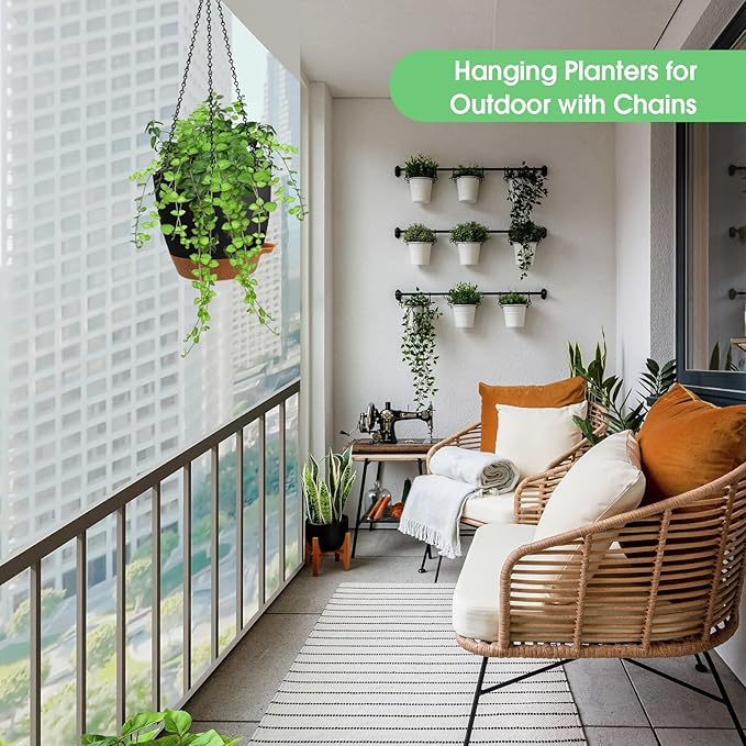 Hanging Planters for Indoor Outdoor Plants, 2 Pack Self Watering Hanging Pot with Drainage Holes, Removable Tray & 2 Kinds of Plant Hangers, 8'' Hanging Flower Pots for Home Garden Decor, Black Vanslogreen