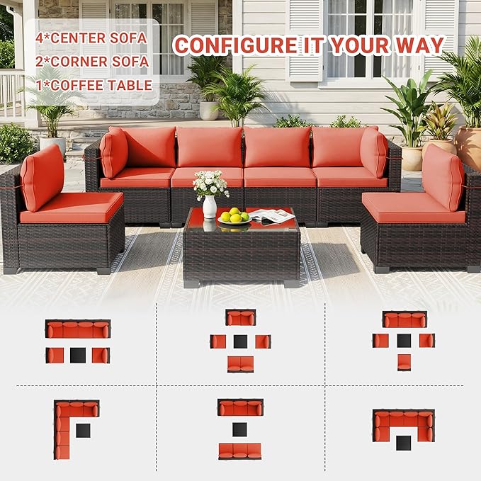 LEVELEVE 7 Pieces Outdoor Patio Furniture Sets,Rattan Conversation Sectional Set,Manual Weaving Wicker Patio Sofa with Tea Table Enjoyyourlife