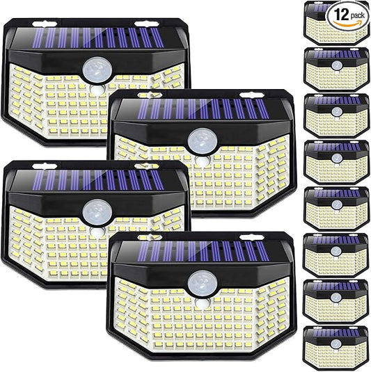 HMCITY 120 LED Outdoor Solar Lights with Motion Sensor and 3 Lighting Modes, IP65 Waterproof Wide Solar Wall Lights Ideal for Garden Patio Yard (Front Button 12Packs, Black Shell-Daylight White) LightingUpYourLife