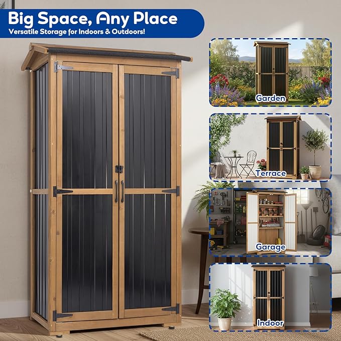 Outdoor Storage Cabinet Weather-Resistant, Wood & Metal Storage Shed with 3 Removable Shelves, Waterproof Roof, Adjustable Feet, Patio Storage Cabinet Outside for Garden Garage Backyard Pool PETSCOSSET