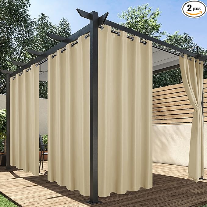 HolidayIdeas Outdoor Curtains for Patio Waterproof, 2 Panels - 54 x 95 Inch - Privacy Protection & Light Filtering Curtains Grommet Outside Curtains for Porch, Gazebo, Pergola, Backyard (Cream) HolidayIdeas