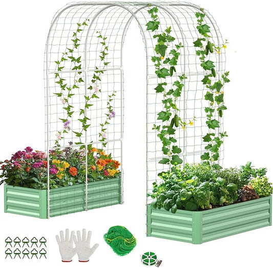 DoCred 3 in 1 Raised Garden Bed with 87in Tall Arch Trellis for Climbing Plants, Galvanized Planter Garden Box Outdoor for Gardening, Climbing Vegetables, Flower, Green DoCred