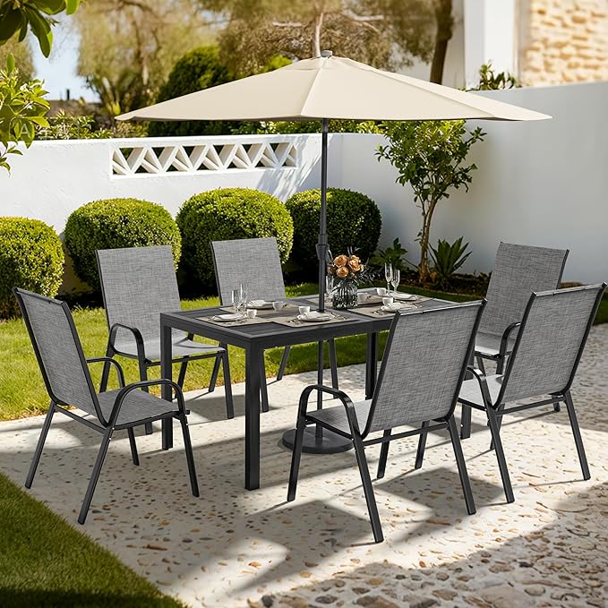 Pamapic Outdoor Dining Sets for 6, Rectangular Steel Slat Table with 6 Textilene Chairs, 7 Piece Patio Table and Chairs Set with Umbrella Hole for Patio, Garden, Backyard and Poolside (Grey) Pamapic