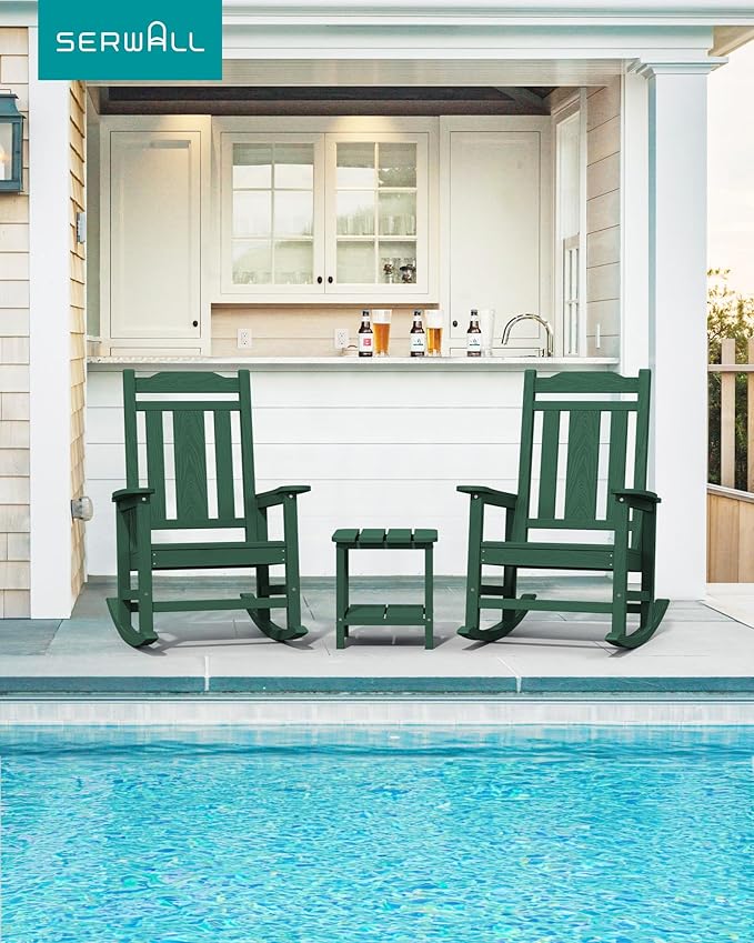SERWALL Outdoor Rocking Chair Set of 4, Patio Rocking Chairs Set, HDPE Rocking Chair Outdoor for Adults, Heavy Duty Front Porch Rocker, Green SERWALL