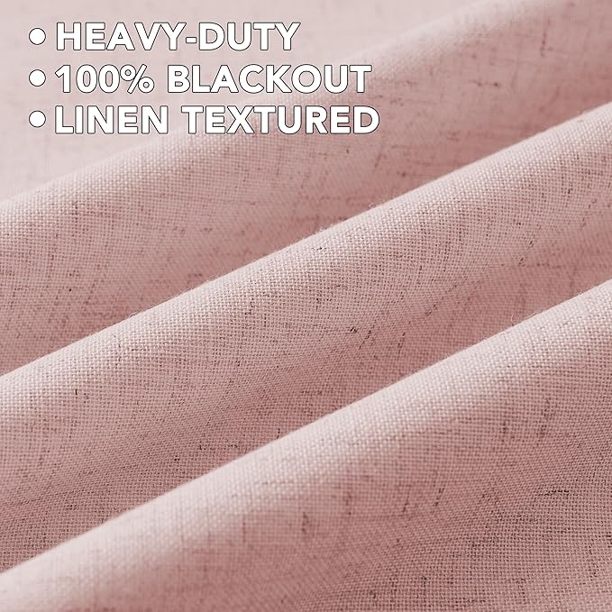 H.VERSAILTEX Linen Curtains 100% Blackout Curtains for Bedroom 96 inch Long Full Light Blocking Nature Linen Blended Window Curtains for Living Room Nickel Grommet (2 Panels, Heathered Baby Pink) HVERSAILTEX