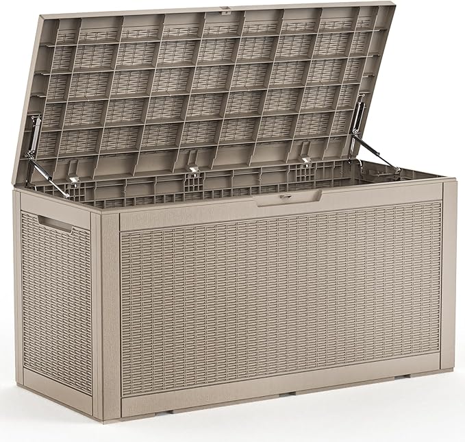 ROJIK Outdoor Storage Housing Deck Box - Waterproof Patio Furniture, Garden Tools, Cushions, Pool Accessories Storage Bench with Lockable Lid and Side Handles (Grey 110 Gal) ROJIK
