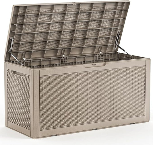 ROJIK Outdoor Storage Housing Deck Box - Waterproof Patio Furniture, Garden Tools, Cushions, Pool Accessories Storage Bench with Lockable Lid and Side Handles (Grey 110 Gal) ROJIK