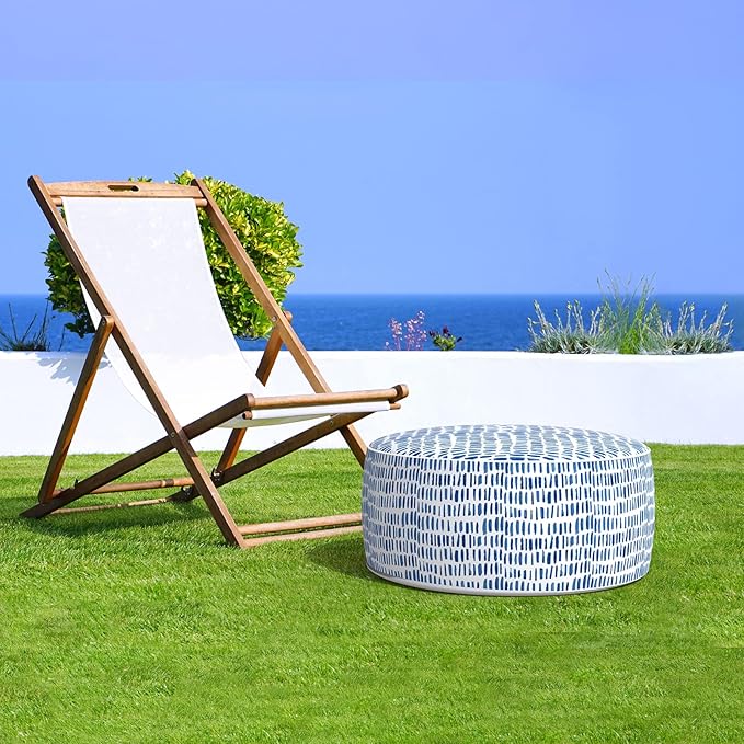 LVTXIII Outdoor Inflatable Ottoman Stool, Patio Water Repellent Footrest Stool with Handle, Portable Outside Round Ottoman for Patio Garden, Camping or Home Use, 21"x21"x9", Blue Pebble LVTXIII