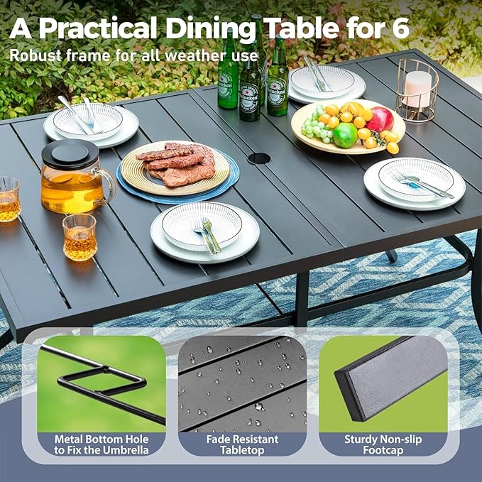 7 Pieces Patio Dining Set, 6 x Woven Rattan Chairs with Waterproof Cushion, 59" Rectangular Metal Dining Table with Umbrella Hole, Outdoor Table and Chairs Set for Backyard Lawn and Deck, Beige SUNSHINEVALLEY
