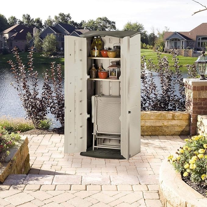 Rubbermaid Compact Vertical Resin Storage Shed With Floor (2 x 2.5 Ft), Weather Resistant, Beige/Brown, Organization for Home/Backyard/Garden Tools/Porch/Patio Cushions/Pool Chemicals/Toys Rubbermaid