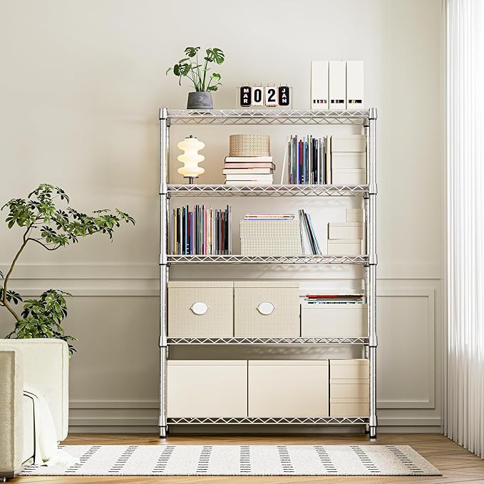 IZEUK 5-Tier Heavy Duty Metal Storage Shelving Unit (Chrome, 17.7" D x 47.2" W x 72.3" H, 1750 lbs Capacity), Adjustable Steel Wire Rack Shelf Organizer for Garage, Kitchen, Pantry, Basement, Laundry IZEUK