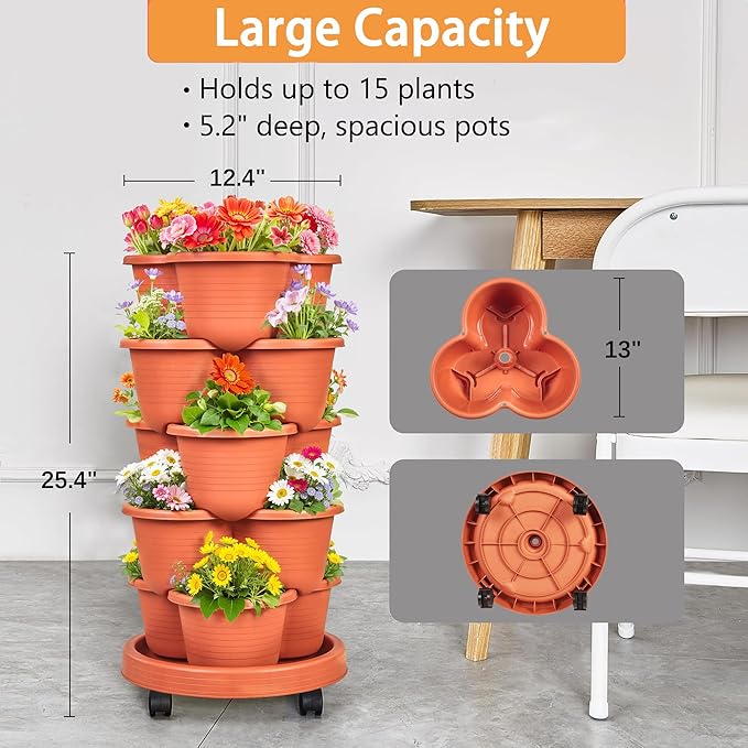 VECELO 5 Tier Vertical Garden Planter, Self Watering Stackable Planters with Wheels for Strawberries, Herbs, Flowers, Vegetables, Red VECELO