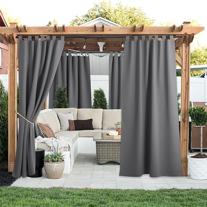 NICETOWN 2 Panels=104" Width Patio Curtains Outdoor Waterproof Extra Long 108" Length, Self-Stick Tab Top Thermal Insulated Blackout Vertical Drape Window Treatment for Lawn & Garden, Grey NICETOWN