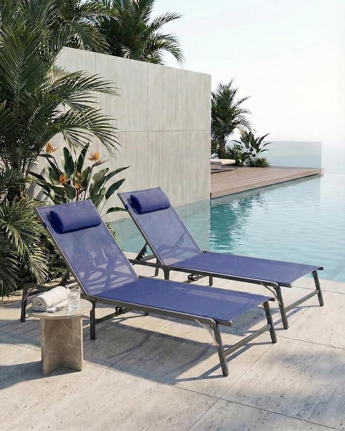 2 Pack Foldable Chaise Lounge Chair with Cup Holder, Assemble-Free Outdoor Lounge Chair with Detachable Pillow and 6 Adjustable Backrest, Patio Lounge Chair for Outside Poolside Beach Pool, Blue HOMELYM