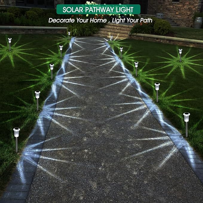 Solar Outdoor Lights, 10 Pack Waterproof Stainless Steel Solar Stake Lights for Pathway Garden Yard Path Walkway Driveway Lawn Patio Outside Decor, Cool White EYROSA