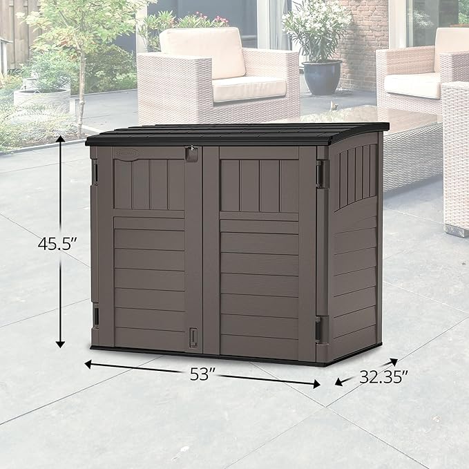 Suncast 34 Cu Ft Horizontal Resin Storage Shed - Outdoor Storage Shed with Floor Included, Lockable, Weatherproof, Fits Small to Medium Trash Cans, Generators, & Garden Tools, Stoney Black Suncast