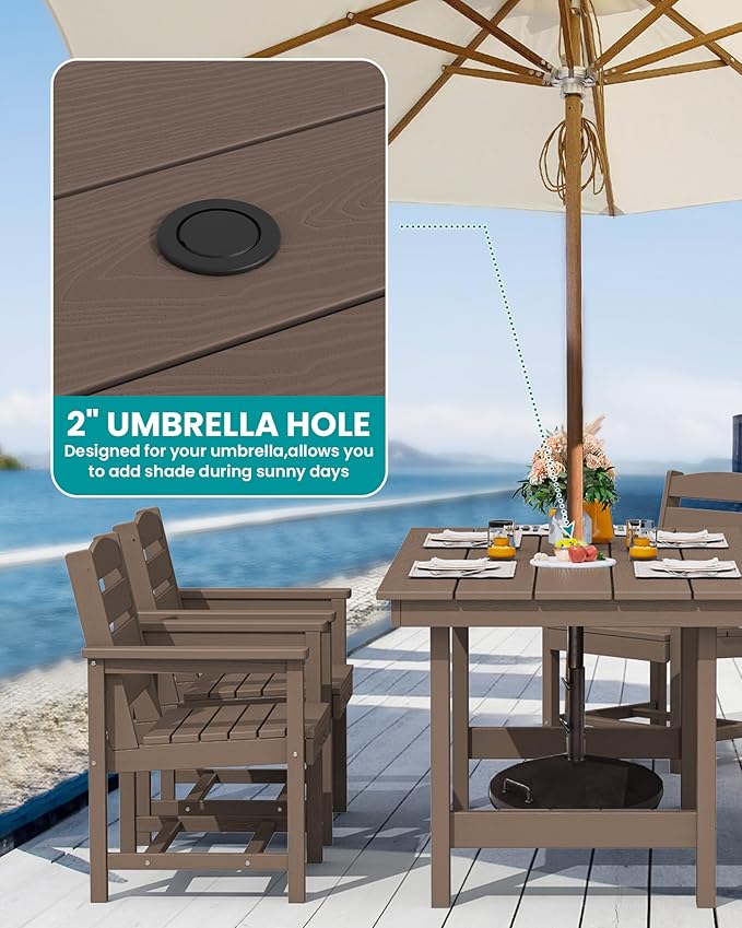 SERWALL 7-Piece Patio Dining Table Sets, Outdoor HDPE Dining Furniture Set with Umbrella Hole Cut-Out Table and 6 Chairs, All Weather Dining Set for Lawn, Garden, Backyard, Poolside, Coffee SERWALL