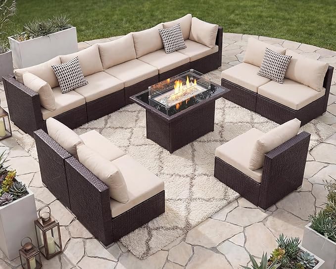 NICESOUL Modern Luxury Outdoor Patio Sectional Furniture Set with Fire Pit Table, Large Size PE Brown Wicker 29.3'' High Back Conversation Set with Natural Gas/Propane Fireplace, 11 Pieces 10 Seats NICESOUL