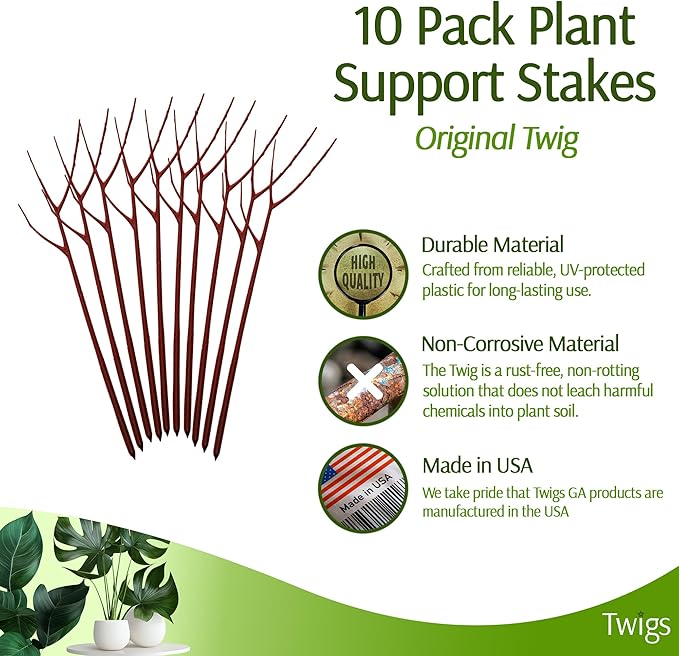 Plant Support Stakes for Indoor & Outdoor Use, Durable Trellis Alternative for Climbing & Potted Plants, Houseplant Stem Holder Structures - Begonia Red, 10 Pack, 22" L, Original TwigsGardenAccessories