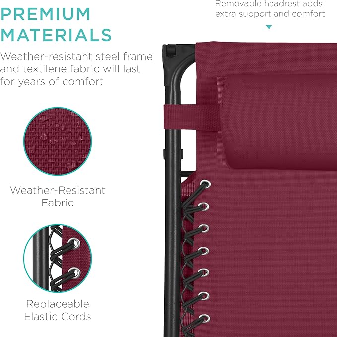 Best Choice Products 30” Wide Folding Zero Gravity Outdoor Recliner Patio Lounge Chair w/Adjustable Canopy Shade, Headrest, Side Accessory Tray - Burgundy BestChoiceProducts
