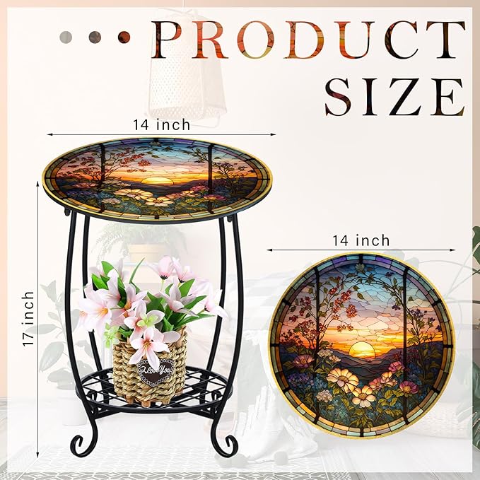 Outdoor Side Table Round Small Mosaic Patio Accent Indoor End Plant Coffee Tea Table for Yard Patio Porch Garden Living Room, Bedroom(Sunset and Flowers,14 Inch) Cinnvoice