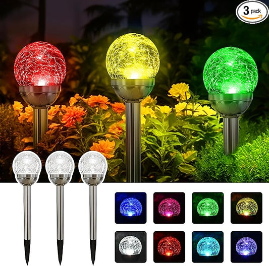 SOLPEX Solar Garden Lights Outdoor, 3 Pack Multi-Color Changing&White 2 Modes Solar Powered Glass Ball Garden Lights Waterproof for Patio Decoration Solpex